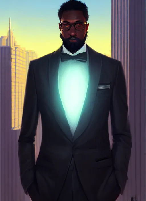 Image similar to portrait of handsome black genius in tailored suit, urban skyline, low haircut with full beard, supreme mathematics, elegant atmosphere, glowing lights, highly detailed, digital painting, artstation, concept art, smooth, sharp focus, illustration, art by wlop, mars ravelo and greg rutkowski