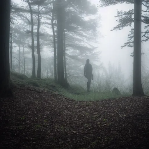 Image similar to found footage of a mysterious creature in the woods, atmospheric fog