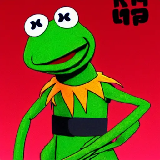 Image similar to Kermit the frog as an anime character, in the style of TV anime afro samurai, Key Frame, Top rated of pixiv, High Detail, Medium Shot, Dusk