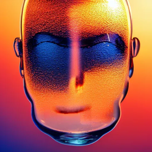 Image similar to water artwork in the shape of a human head stuffed in a bottle, on the ocean water, futuristic, glowing, gradient, hyper realistic, ray tracing, realistic water, sharp focus, long shot, 8 k resolution, cinematic, photoshop water art