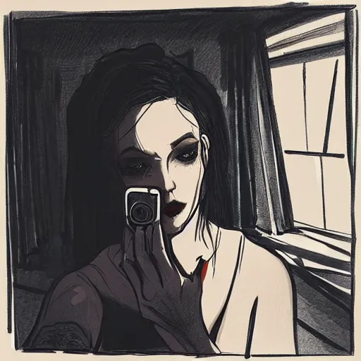 Prompt: A woman taking a selfie in a dark room, a figure idles behind her creepily, in a Halloween style, dark lighting, moody lighting, Trending on artstation, artstationHQ, artstationHD