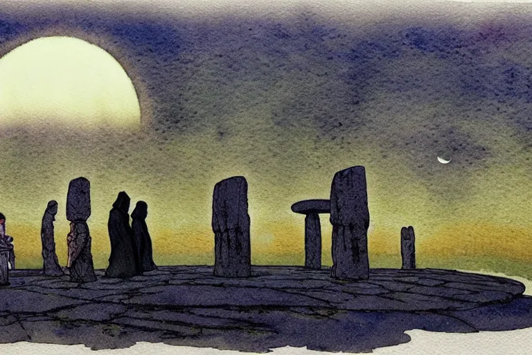 Prompt: a realistic and atmospheric watercolour fantasy concept art of a ufo landing in a floating stonehenge. medieval monk in grey robes is on his knees praying. a large crescent moon in the sky. muted colors. by rebecca guay, michael kaluta, charles vess and jean moebius giraud