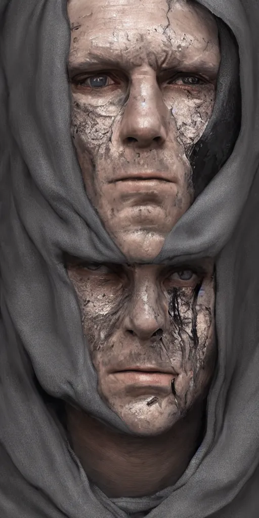 Image similar to a man with a burnt face in a grey cloak poses for a portrait, a character portrait by david firth, cgsociety contest winner, photorealism, studio portrait, studio photography, uhd image