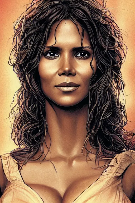 Prompt: a portrait of sexy young halle berry with long hair, drawn by robbie trevino and dan mumford, poster, digital art, comic art, concept art,, single head, no double head,