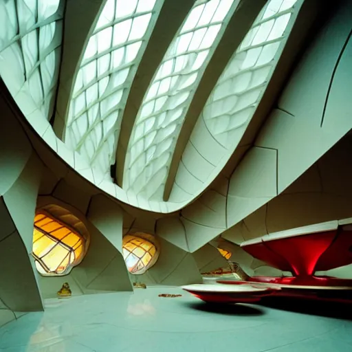 Image similar to interior of a futuristic lotus temple with gold, red and white marble panels, in the desert, by buckminster fuller and syd mead, intricate contemporary architecture, photo journalism, photography, cinematic, national geographic photoshoot