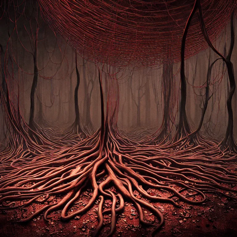 Prompt: still life of ribbed abandoned forest portrait, red color scheme, covered with roots, wires, tubes, standing in a desolate empty wasteland, creepy, nightmare, dream-like heavy atmosphere, surreal abandoned buildings, baroque painting, beautiful detailed intricate insanely detailed octane render trending on Artstation, 8K artistic photography, photorealistic, chiaroscuro, Raphael, Caravaggio, Beksinski, Giger