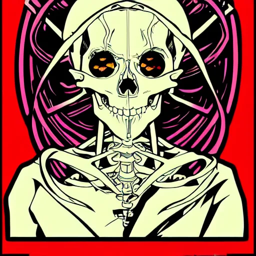 Image similar to anime manga skull portrait girl female skeleton astronaut illustration 80s art frank miller Ditko and alphonse mucha pop art nouveau