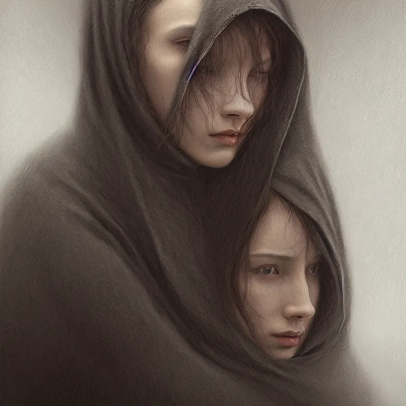 Prompt: Portrait of a young woman with dark hair wearing a hooded robe, non-centered shot, unique, intricate, elegant, highly detailed, digital painting, artstation, concept art, smooth, sharp focus, illustration and art by beksinski