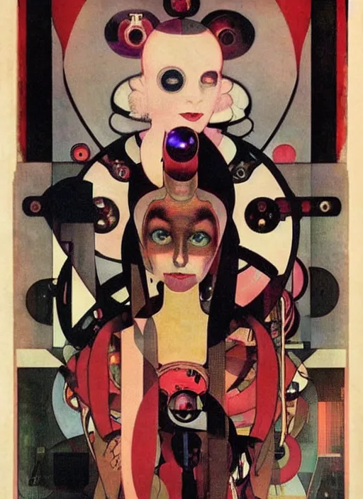 Image similar to cute punk goth fashion fractal alien martian girl with a television head wearing kimono made of circuits and leds, surreal Dada collage by Man Ray Kurt Schwitters Hannah Höch Alphonse Mucha, red and black