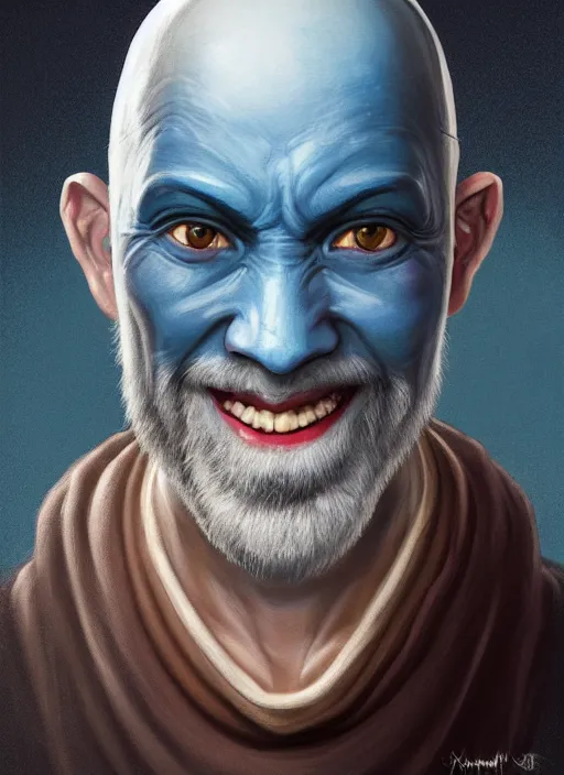 Prompt: head-on symmetrical centered painted portrait, a smiling bald androgynous man with completely blue skin in his thirties as a D&D wizard without a nose, fantasy, intricate, elegant, highly detailed, digital painting, smooth, sharp focus, illustration, artstation, in the style of Artgerm and Anna Podedworna and Charlie Bowater and Michael Garmash