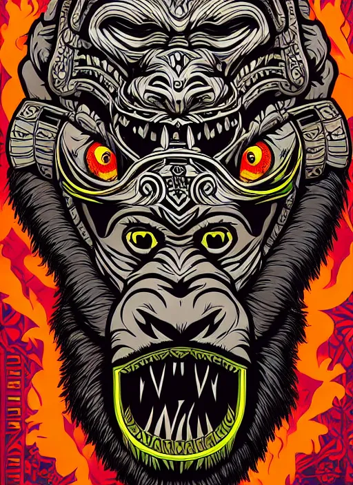 Prompt: barong family member, wiwek, mara demon, one single tribe member, jungle, one single mask, dark, ancient warrior mask, gorilla mask, lizard tongue, tribals, art by dan mumford