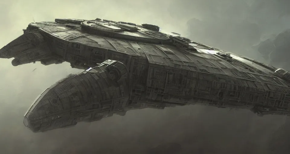 Image similar to a highly detailed epic cinematic concept art CG render digital painting artwork: very simple symmetrical Soviet dieselpunk Millenium Falcon in empty darkness of space. By Greg Rutkowski, Ilya Kuvshinov, WLOP, Stanley Artgerm Lau, Ruan Jia and Fenghua Zhong, trending on ArtStation, subtle muted cinematic colors, made in Maya, Blender and Photoshop, octane render, excellent composition, cinematic atmosphere, dynamic dramatic cinematic lighting, precise correct anatomy, aesthetic, very inspirational, arthouse