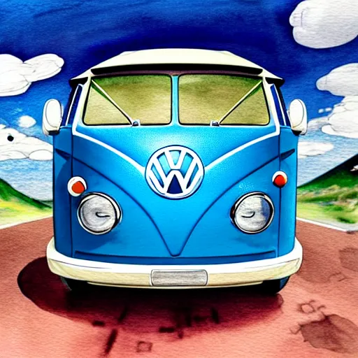 Image similar to fisheye perspective caricature watercolor painting of a vw volkswagen bus, bulli, type - 2, microbus, kombi from pixars cars with eyes instead of a windshield flying towards the camera, jumping at the viewer doors fully open, luggage in the air, dynamic action shot, fish eye lense, frontal, huge vulcano is seen in the background