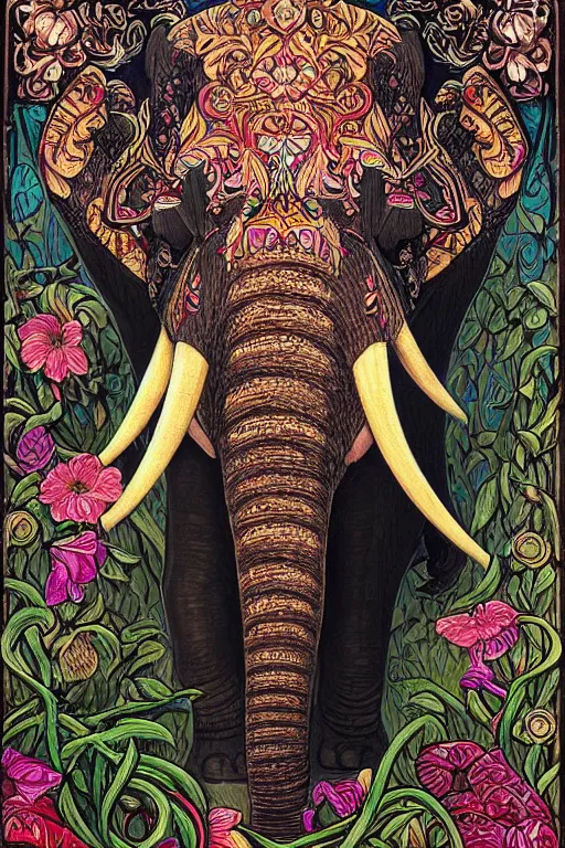 Image similar to Painted dark-wood panel relief carving of a close up of a Flowerpunk Matriarch Elephant, ornate border frame, explosion of colorful flowers, dark wood, intricately carved, black ink, festival of rich colors, intricate details, cinematic lighting, volumetric lighting, post-processing, art nouveau, tarot, by andreas rocha and john howe, and Martin Johnson Heade, featured on artstation, featured on behance, golden ratio, hyper detailed, photorealistic, epic composition, center spotlight, f32, well composed, symmetrical, UE5, 8k