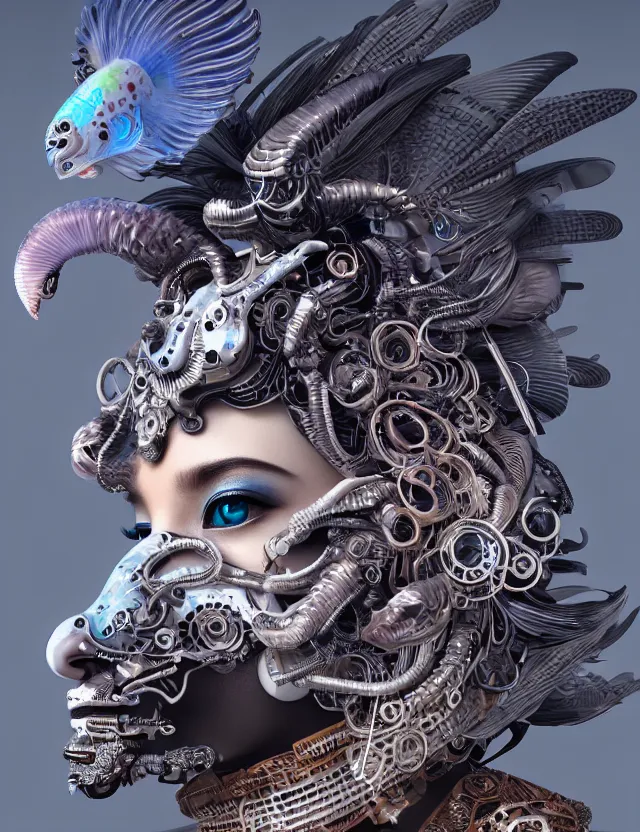 Image similar to 3 d goddess cyborg close - up profile portrait with ram skull. beautiful intricately detailed japanese crow kitsune mask and clasical japanese kimono. betta fish, jellyfish phoenix, bio luminescent, plasma, ice, water, wind, creature, artwork by tooth wu and wlop and beeple and greg rutkowski