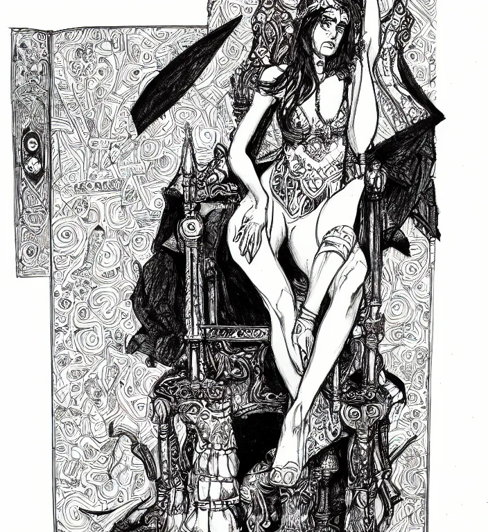 Image similar to salome full figure sitting on throne sketchbook ink drawing by james jean very detailed high contrast