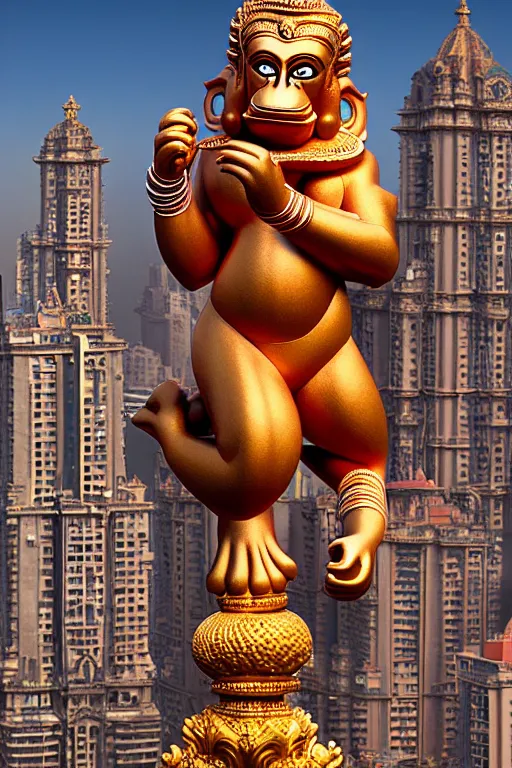 Image similar to high quality 3 d baroque biomorphic hanuman! monument & buildings in mumbai!!, highly detailed, cinematic smooth, berenice abbott & john j. park, dramatic morning light, wide shot, high angle, uhd 8 k, sharp focus