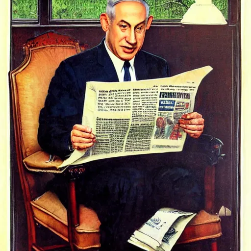 Prompt: portrait of benjamin netanyahu reading a newspaper, by norman rockwell