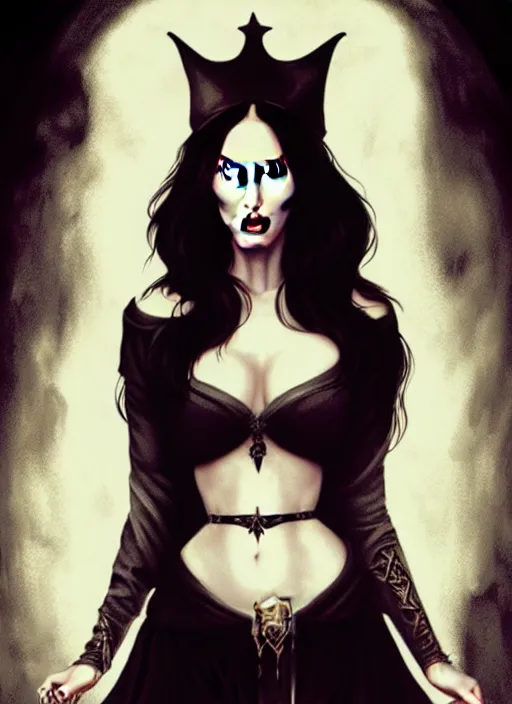 Image similar to megan fox witch queen, black eyes, blood, full body, intricate victorian dress, middle shot, cinematic lighting, symmetrical eyes, caravaggio, joshua middleton, rafael albuquerque, charlie bowater, moody lighting, candles