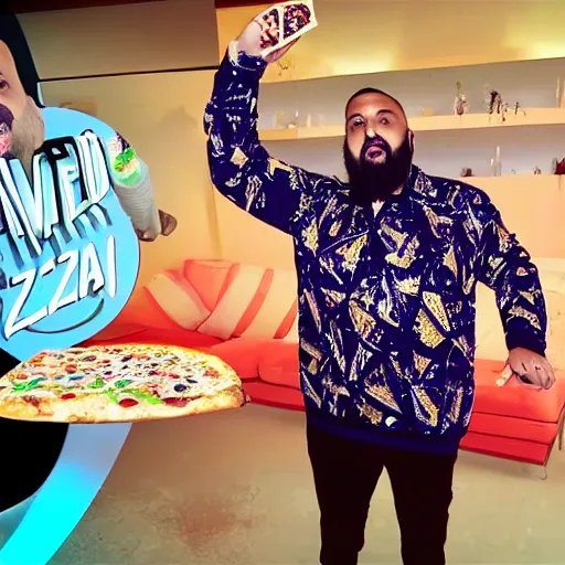 Prompt: DJ khaled dancing and holding ice cream and a slice pizza
