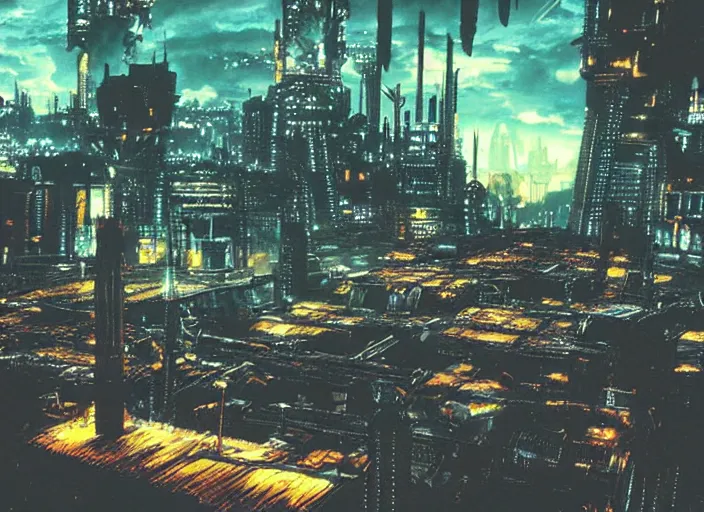 Prompt: landscape of midgar from final fantasy vii at night