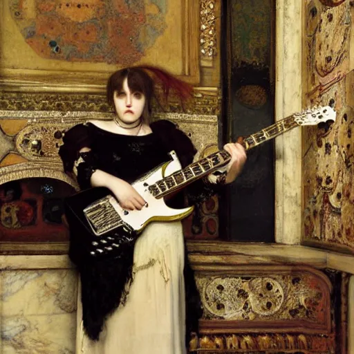 Image similar to Goth girl playing electric guitar by Mario Testino, oil painting by Lawrence Alma-Tadema, masterpiece