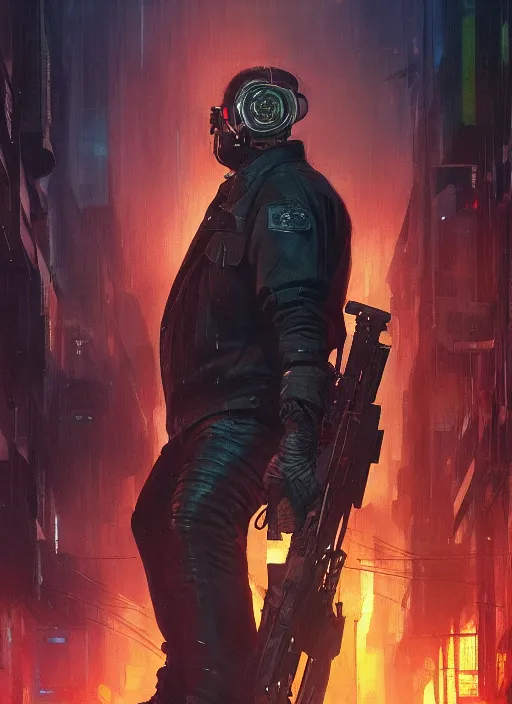 Prompt: Modern Howard Taft. Cyberpunk assassin in tactical gear. blade runner 2049 concept painting. Epic painting by Craig Mullins and Alphonso Mucha. ArtstationHQ. painting with Vivid color. (rb6s, Cyberpunk 2077, matrix)