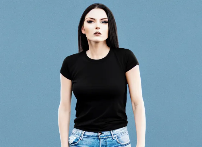 Prompt: clear photorealistic mockup product photograph of a blank black tshirt on an attractive female model in front of an urban background