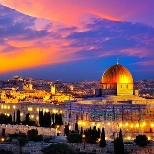 Image similar to a beautiful jerusalem city with lots of glowing crystals, sunset lighting,