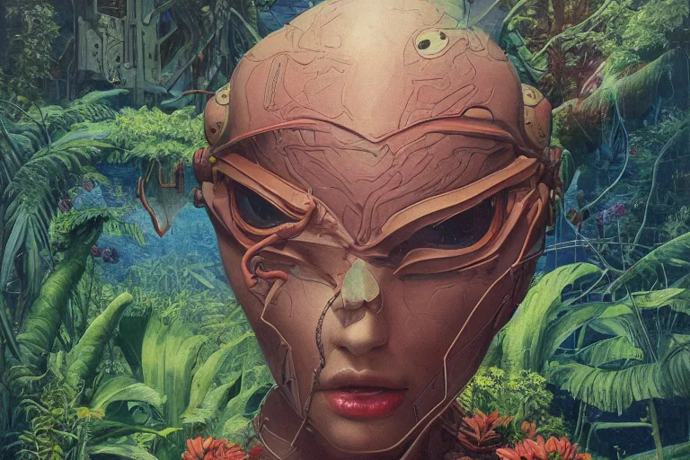 Image similar to gigantic robot - girl head floating in the space, a lot of exotic plants, trees, flowers, oldschool vintage sci - fi flat surreal grainy design, super - detailed, oil painting by moebius, hd, 4 k, high quality