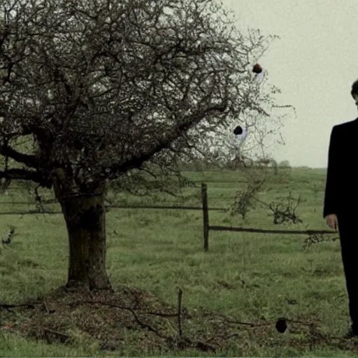 Prompt: a decaying georgian farmhouse. two thin men in black frock coats stand outside by an apple tree. folk horror