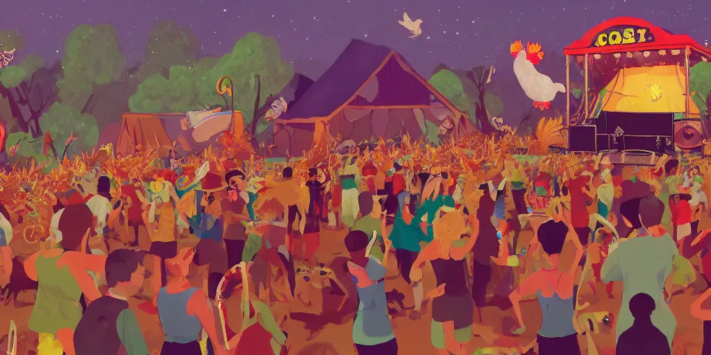 Image similar to large music festival with chicken as audience and rooster band playing guitars on the stage. artstation.