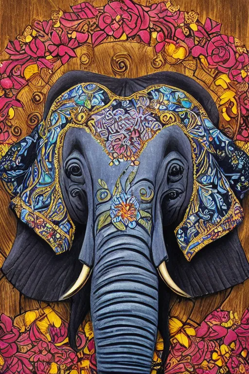 Image similar to Painted dark-wood panel relief carving of a close up of a Flowerpunk Matriarch Elephant, ornate border frame, explosion of colorful flowers, dark wood, intricately carved, black ink, festival of rich colors, intricate details, cinematic lighting, volumetric lighting, post-processing, art nouveau, by andreas rocha and john howe, and Martin Johnson Heade, featured on artstation, featured on behance, golden ratio, hyper detailed, photorealistic, epic composition, center spotlight, f32, well composed, symmetrical, UE5, 8k