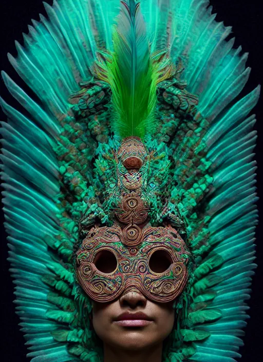 Image similar to 3 d mexican goddess medium shot portrait. beautiful intricate highly detailed quetzalcoatl mask and feathers. low - key lighting, bioluminescent, plasma, lava, ice, water, wind, creature, artwork by tooth wu and wlop and beeple and lee jeffries, 8 k trending on artstation,