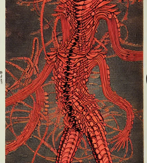 Image similar to still frame from Prometheus by giger by utagawa kuniyoshi, harvest goddess cyborg in crimson filament mycelium, dressed by Neri Oxman and alexander mcqueen, metal couture haute couture editorial