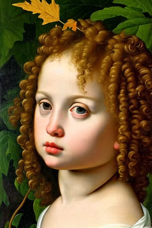 Prompt: renaissance painting of young girl in the garden, closeup, curly long hair, face closeup, emotions closeup, dressed in roman armour, the beautiful garden with maple leaves everywhere, ultra detailed, art by guido reni style, vincenzo catena style
