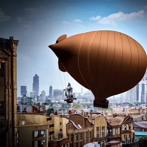 Prompt: a brown blimp flying in a steampunk city