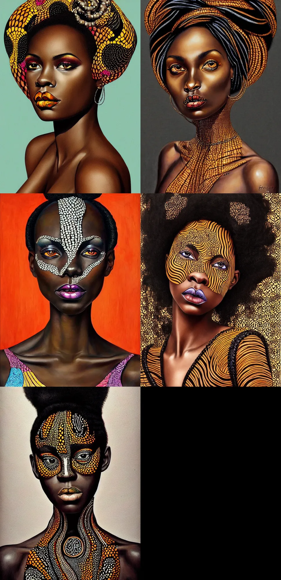 Prompt: beautiful painted portrait of a gorgeous black woman, her skin in the pattern style of e. a. seguy and edouard benedictus, intricate details, opulent, hyper detailed, surrealism, vibrant and vivid