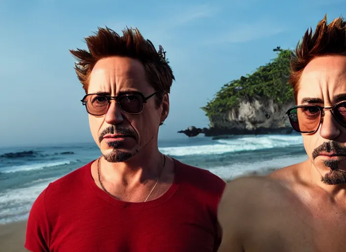 Image similar to a full portrait photo of robert downey jr holiday in bali, f / 2 2, 3 5 mm, 2 7 0 0 k, lighting, perfect faces, award winning photography.