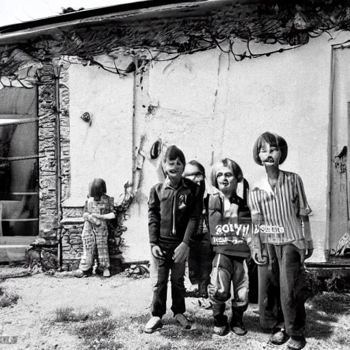 Prompt: alien in grandma's village is photographed with friends against the backdrop of an old house, top secret style photo, 7 0 s