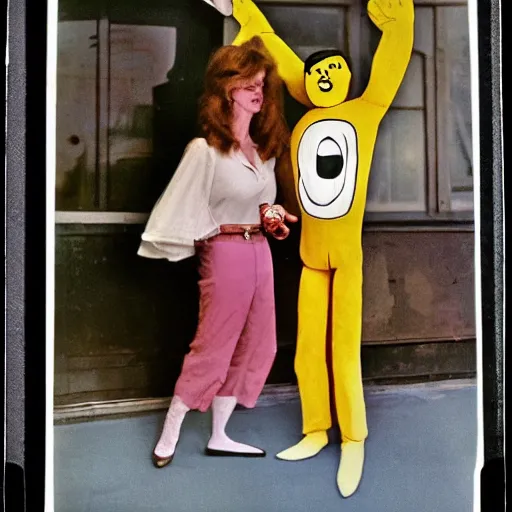 Image similar to 1976 color archival photo of a woman and a puppet that looks like Caspar the Friendly Ghost, in a sidewalk cafe, 16mm film soft color, earth tones and soft color 1976, archival footage, in style of doris wishman russ meyer, woman looks like gilda radner