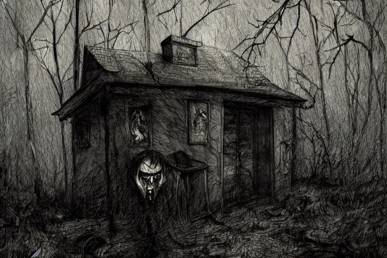 Prompt: mad horror painting of a cabine in the woods by ben templesmith