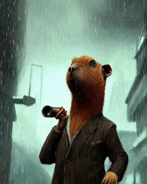 Prompt: oil painting of anthropomorphized capybara holding a smoking pipe, detective clothes, close shot, full body, old london raining background, sharp focus, fantasy style, octane render, volumetric lighting, 8k high definition, by greg rutkowski, highly detailed, trending on art Station, dungeons and dragons artwork, centered