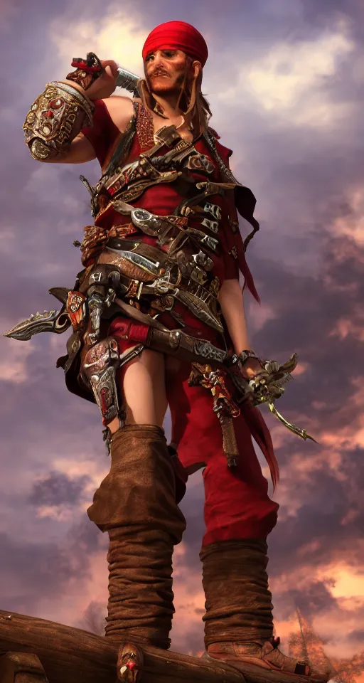 Image similar to A red headed sky-pirate with pistol and sword, epic fantasy, octane render, high detail, photorealistic, High details,4k