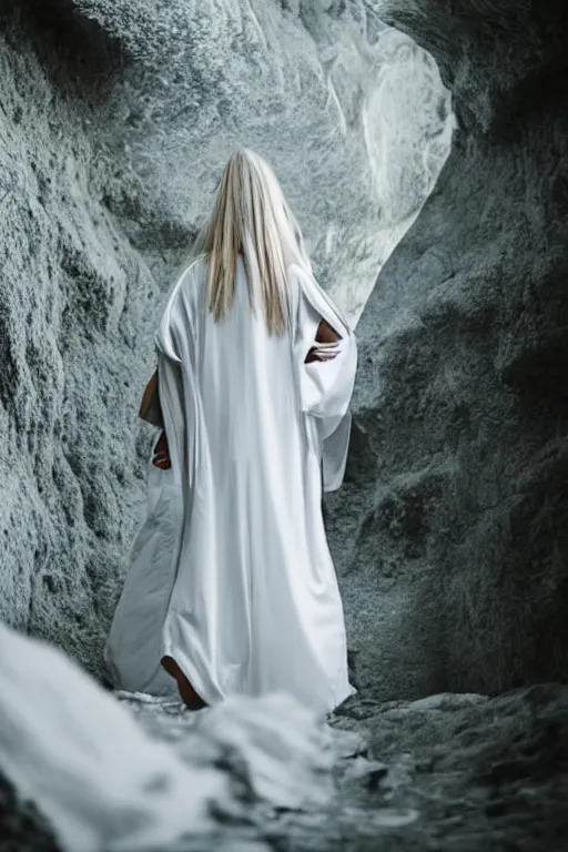 Image similar to a full body back samarai cloaked in white with white long hair, standing in light beam of a dark cave, high quality, ultra detail, wide view