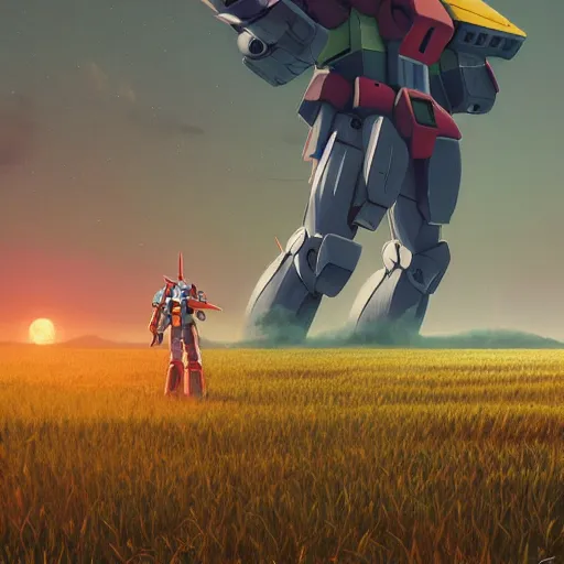 Image similar to giant gundam stands over field with hay bales by simon stalenhag, sci fi digital painting, unreal engine 5, photorealism, hd quality, 8 k resolution, cinema 4 d, 3 d, cinematic, professional photography, art by artgerm and greg rutkowski and alphonse mucha and loish and wlop