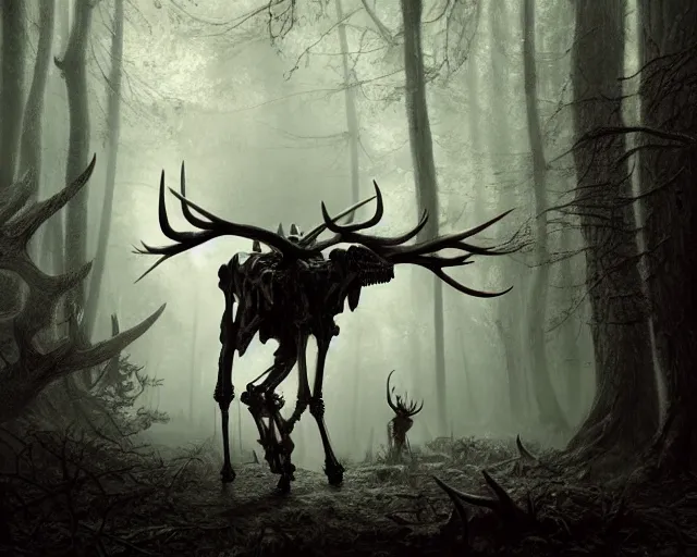 Image similar to 5 5 mm portrait photo of an armored demonic skeleton with antlers, in a magical forest. dark atmosphere. art by greg rutkowski. highly detailed 8 k. intricate. lifelike. soft light. nikon d 8 5 0.