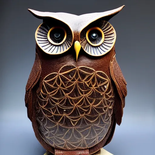 Prompt: symmetrical detailed sculpture of an owl, made of leather