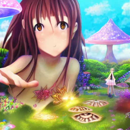 Prompt: photo realistic beautiful anime girl picking magic mushrooms fantasy land