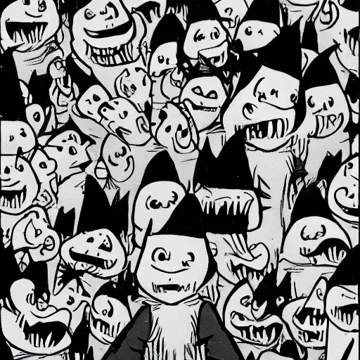 Image similar to evil creepy killer moomin with mouth open and several rows of pointy teeth, comic book style